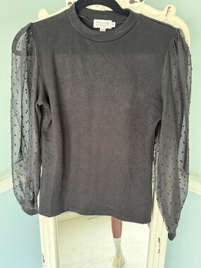 Molly Bracken Black Puff-Sleeve Sheer Dot Knit Top
